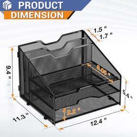 GAWERK Letter Tray Organizer, Mesh Desk File Organizer with 3 Paper Trays and 2 Vertical Upright Section, Blank