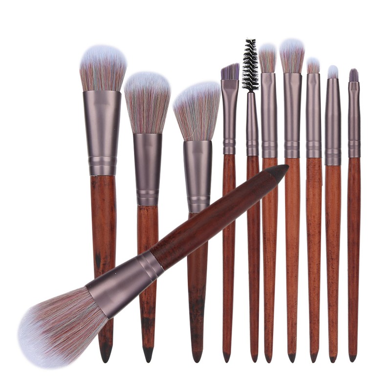 11pcs Artificial Fiber Brush Hair Wooden Handle Facial Makeup Brushes