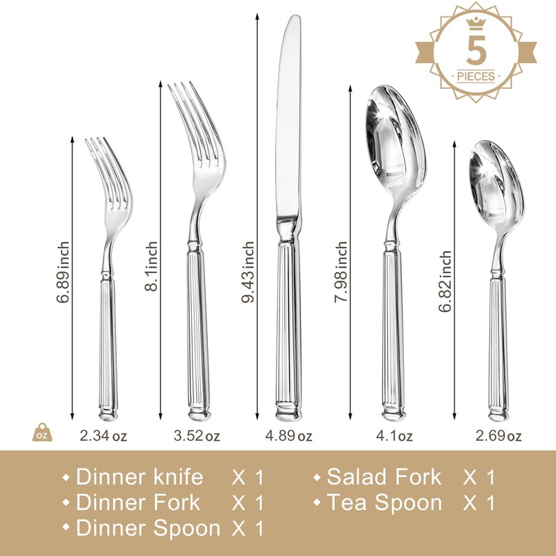 KINGSTONE Silverware Set, 5-Piece 18/10 Stainless Steel Flatware Set -