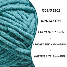 Chunky Chenille Yarn for Crocheting，Baby Yarn for Crocheting Soft Blankets，Bulky Yarns for Crochet Amigurumi，2×100g (2×74.3yds) Fluffy Velvet Yarns for Hand Knitting (2 Deep Cyan)