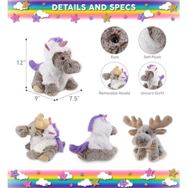 DolliBu Floppy Moose Unicorn Plush Stuffed Animal Toy - Super Soft Moosecorn Dress Up with Removable Plush Unicorn Outfit, Cute Fantasy Wildlife Gift - 11 Inches