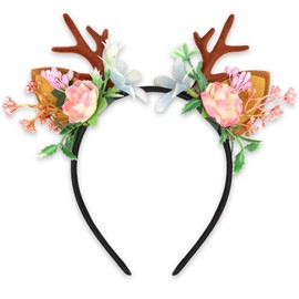 Needzo Floral Deer Antler Headband, Flower Garland Headpiece, Forrest Dress Up Cosplay Accessory, One Size Fits Most