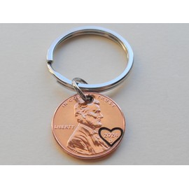 2024 US One Cent Penny Keychain with Heart Around Year; Anniversary Couples Keychain