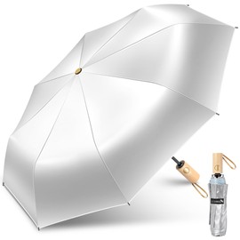 ZOMAKE UV Large Compact Umbrella for Travel,Sun Folding Umbrellas Windproof Strong Automatic With Wooden Handle for Men Women(Silver Light Blue)