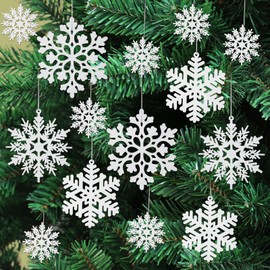 36 Pack Christmas Snowflake Ornaments White Glitter Plastic Snow Flakes Ornaments for Winter Wonderland Christmas Tree Decorations