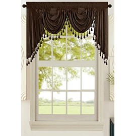 All American Collection New Attached Solid Faux Silk Double Waterfall Valance with Tails (55" x 32", Chocolate Valance)