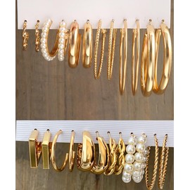 Tivleed 24-Piece Gold Alloy Earrings Set with Vintage Pearls - Geometric Hoop & Drop Designs for Women, Multipack Everyday & Party Jewellery for Gifting