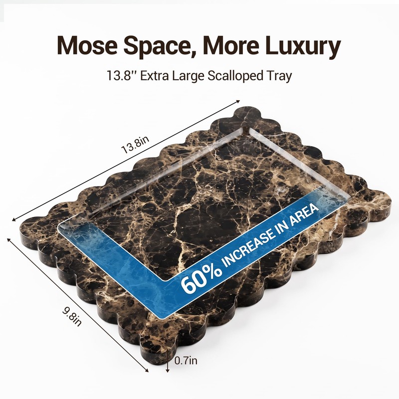 Large Dark Brown Marble Vanity Tray, Scalloped Bathroom Counter Tray