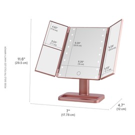 MELANNCO Rose Gold Tri Fold LED Vanity Mirror, 3 Magnifications and Dimmable LED Lights, Lighted Makeup Mirror, Touch Control