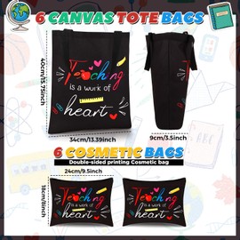 Kacctyen 12 Pcs Teacher Graduation Appreciation Gifts 6 Canvas Totes Bag 6 Makeup Pouch Cosmetic Bags Teacher Gifts(Teaching is a Work of Heart)