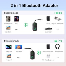 Bluetooth 5.4 Transmitter and Receiver, 2025 Upgraded 2-in-1 Airplane Bluetooth Adapter, Dual Pairing, Low Latency, 3.5mm Jack Bluetooth Transmitter for TV, Airplane, Car, Headphone, Speaker, Airpods