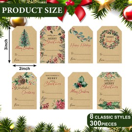 JarThenaAMCS 300Pcs Christmas Plants Gift Tag Sticker Kraft Color Watercolor Xmas Paper Decal 8 Designs Winter To and From Stickers for Envelopes Scrapbook DIY Supplies, 3 x 2 in