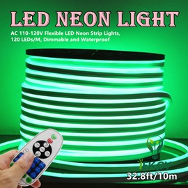 IEKOV LED NEON Light, AC 110-120V Flexible LED Neon Strip Lights, 120 LEDs/M, Dimmable, Waterproof 2835 SMD LED Rope Light + Remote Controller for Party Decoration (32.8ft/10m, Green)