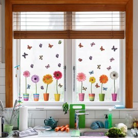 LHIUEM Flower Window Stickers,Flower Window Clings,Butterfly Window Decal,Blossom Floral Window Sticker for Glass,Garten Flowers Window Decoration,Spring Summer Sticker for Living Room Kitchen Decor