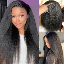 Kinky Straight Lace Front Wigs Human Hair Yaki Stairght 4x4 HD Transparent Lace Frontal Kinky Straight Wigs with Hairline Pre-Plucked 150% Density 20 Inch 1B Color for Black Women Daily Use
