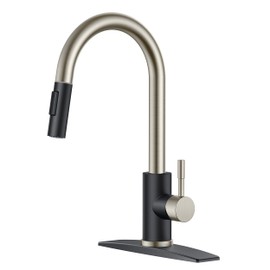 FORIOUS Kitchen Faucet with Pull Down Sprayer, High Arc Modern Classic Sink Faucet Stainless Steel with Deck Plate Fit for 1 or 3 Hole for Pot Filler Bar Farmhouse Laundry Rv, Black Brushed