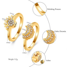 Urn Cremation Jewelry for Ashes - Celestial Sun and Moon Ring Set, Sparkling Sun/Blue Moon, Silver Plated Friendship Promise Rings, Stackable Celestial, Gift for Women/Girls