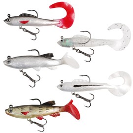 Soft Plastic Lures Set, 5 Pieces Fishing Lure Jig Head with T Tail 3D Eyes Imitation Fish Baits Swimbait for Trout Perch Pike Fishing, 8-9cm/ 9-14g