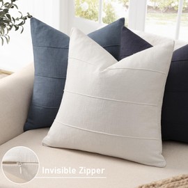 Decorative Linen Throw Pillow Covers 20x20 Set of 2 Solid handcrafted Striped Cushion Covers for Bed Soft Modern Farmhouse Neutral Pillowcase for Couch Bedroom Living Room Home Decor(Cream White)