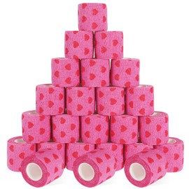 24 Pack Self Adhesive Bandage Wrap, 2” x 5 Yards Cohesive Medical Tape Elastic Grip Tape Black Sports Tape Athletic for Ankle, Wrist Sprains, Pet First Aid (Pink Heart, 2 Inch)