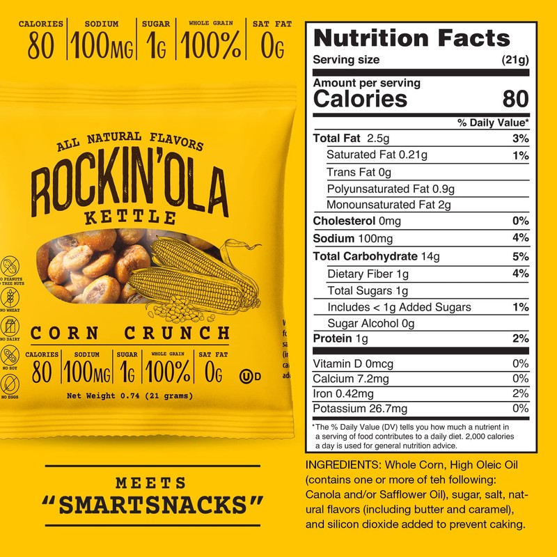 Rockin'Ola Corn Crunch, Back to School Snacks, Crunchy Whole Corn