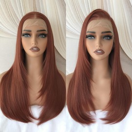 QDBOWIN QUEEN HAIR 13x6 HD Glueless Lace Front Wig Auburn Copper Red Layered Straight Wig for Women Pre Plucked Hairine Ginger Heat Resistant Fiber Wear and Go Wig for Daily Party Use 22 Inch