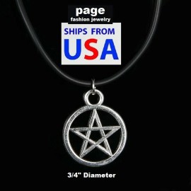 Rinhoo Leather Braid 2mm Cord 18" Necklace 3/4" Antique Silver Tone Pentagram Jewelry