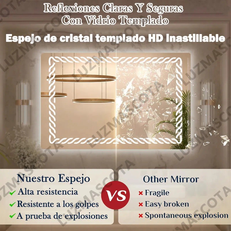 Espejo Rectangular de Baño con Luz LED Táctil, 3 Tonos