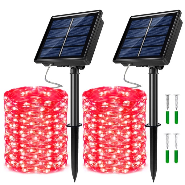 JosMega 2 Pack Solar Powered Fairy String Lights Outdoor Waterproof 8 Modes Twinkle Christmas Decorations Lights, Each 33ft-100LED, 40ft-120LED, 66ft-200LED, 80ft-240LED, Auto On/Off (Red, 80)
