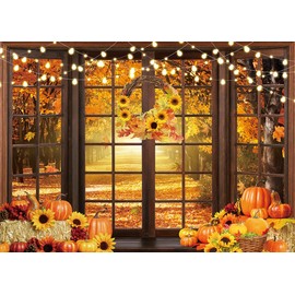 Fall Window Backdrop Autumn Scenery Forest Wooden Window Pumpkin Maple Leaves Harvest Photography Background Thanksgiving Friendsgiving Family Birthday Party Decorations Banner Photo Props (7x5FT)
