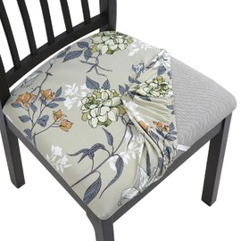 SearchI Seat Covers for Dining Room Chairs Stretch Printed Chair Seat Covers Set of 6, Removable Washable Upholstered Chair Seat Protector Cushion Slipcovers for Kitchen, Office(Green Flower)