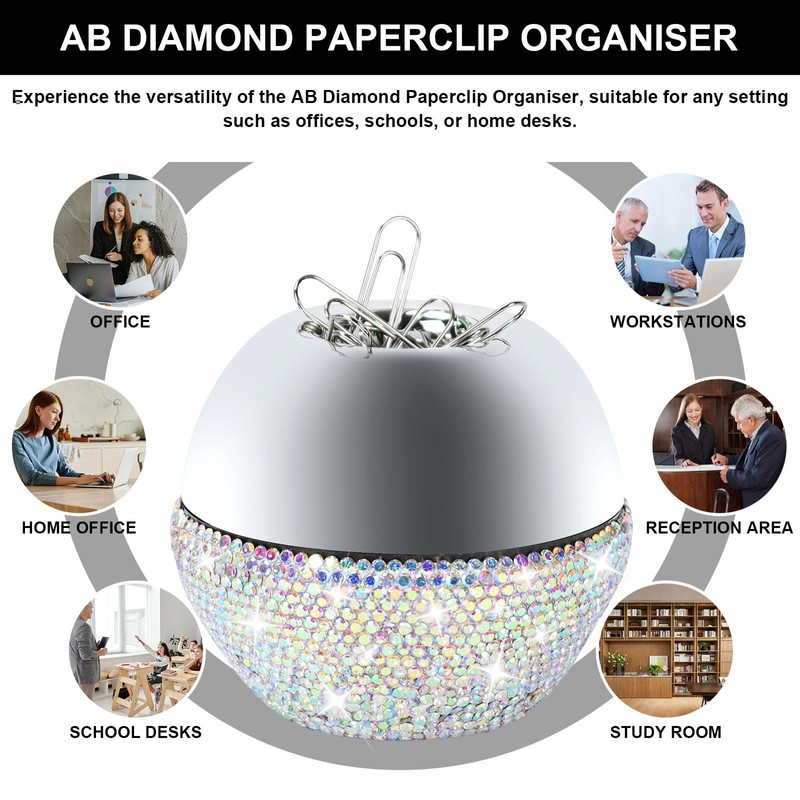 Paper Clips in Magnetic Dispenser Holder Glitter Rhinestone White 28mm
