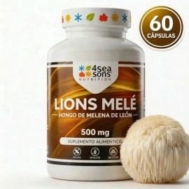 4 Seasons Nutrition | LIONS-MELÉ | Hongo Melena De León | 500 mg | Suplemento Alimenticio | Fórmula Avanzada | Sin Conservadores | Vegano, Sin Gluten, Sin Azúcar, Sin Soya | 60 Cápsulas
