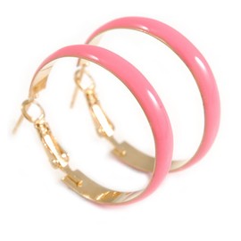 Wide Light Pink Enamel Hoop Earrings In Gold Tone/30mm D/Small Size