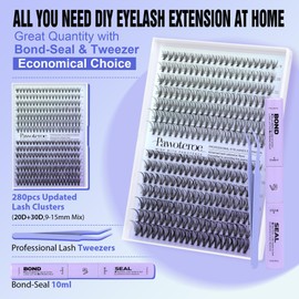 Pawotence Lash Extension Kit DIY 280pcs Individual Lash Clusters Kit 20D&30D Natural 9-15mm Cluster Eyelash Extensions Kit with Lash Bond and Seal, Tweezers for Self Use (20D&30D, 0.07D, 9-15mm, Kit)