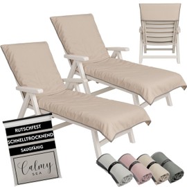 CalmySEA 2 x Hand Towels for Sun Lounger - 200 x 75 cm with Hood Microfibre Light Weight Protective Cover for Garden Lounger Towels with Envelope Deck Chair Cover Beach Lounger (Beige, Pack of 2)