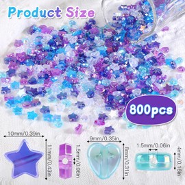 JIANGZHIB Pack of 800 Heart Beads and Star Beads, Acrylic Star Beads with 1 Roll of 0.8 mm Ribbon and Scissors, Transparent Colourful Beads for Threading, Craft Beads for Threading for Necklaces,