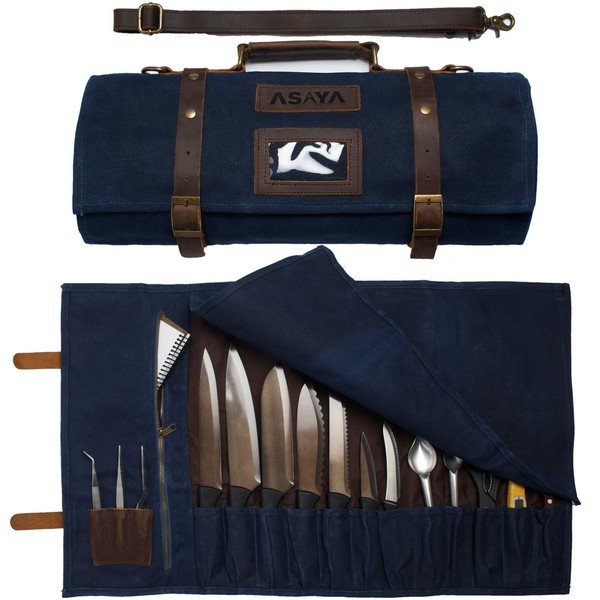 Asaya Waxed Canvas Knife Roll - 15 Knife Slots, Card