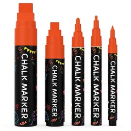 5 Orange Chalkboard Chalk Pens - Orange Dry Erase Markers for Blackboard, Chalkboard Signs, Windows, Glass | Variety Pack - Fine & Jumbo Size Ink Pen (1mm, 3mm, 6mm, 10mm, 15mm)