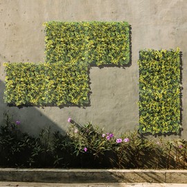 Coarbor 20 Packs 20" x 20" Artificial Boxwood Yellow Reineckea Carnea Fence Panel Faux Ivy Fence Privacy Topiary Hedge Plant Fence Grass Wall Panels Backdrop for Balcony Patio Outdoor Indoor