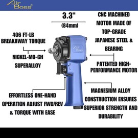 Air Boss AW80J Stubby Air Impact Wrench, 3 inches long for Confined Areas, 406 ft/lb breakaway torque 1/2"