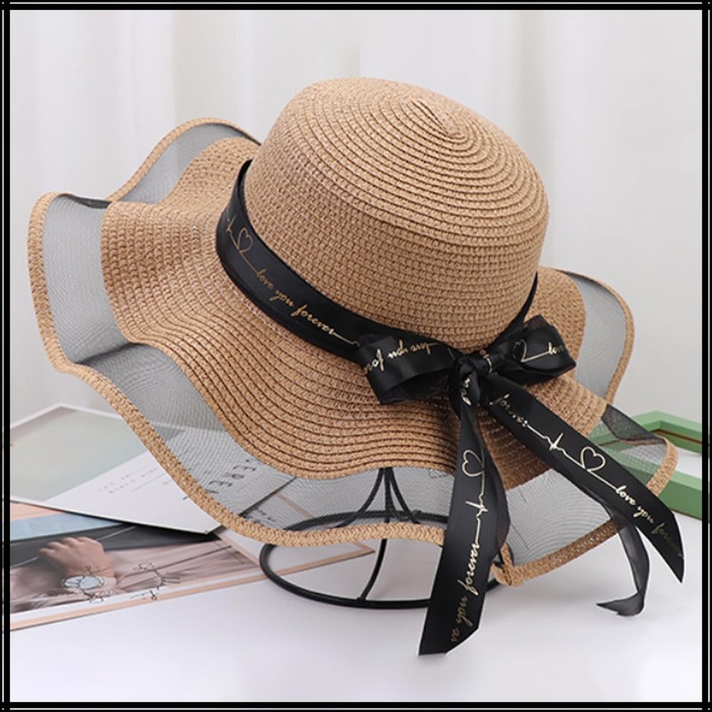 White Fang CZ051 Women's Straw Hat, Ruffle, Satin, Ribbon, Cute,
