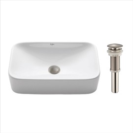 Kraus KCV-122-SN Ceramic Above counter Rectangular Bathroom Sink, 19.44 x 11.84 x 5 inches, Satin Nickel/White
