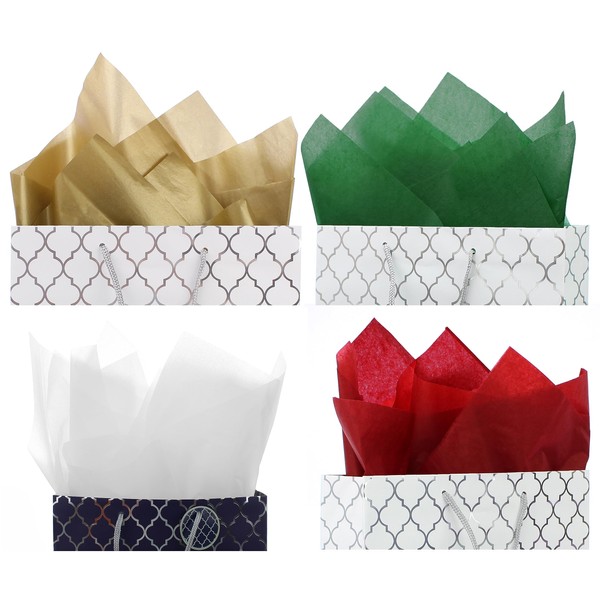 CleverDelights Premium Tissue Paper - 100 Sheets - Mixed Colors - 20" x 30" - Metallic Gold Metallic Silver Red Green Bright White