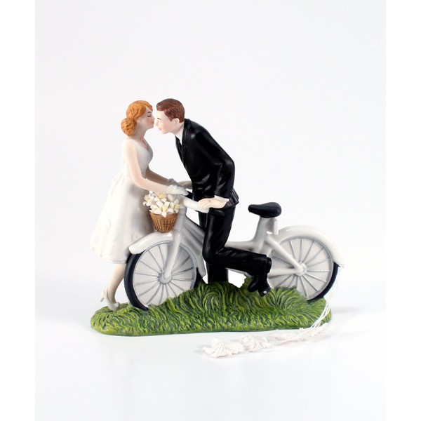 WEDDINGSTAR A Kiss Above Bicycle Bride and Groom Porcelain Figurine Cake Topper, Light Skin, 5 1/2" x 5 1/8'' H