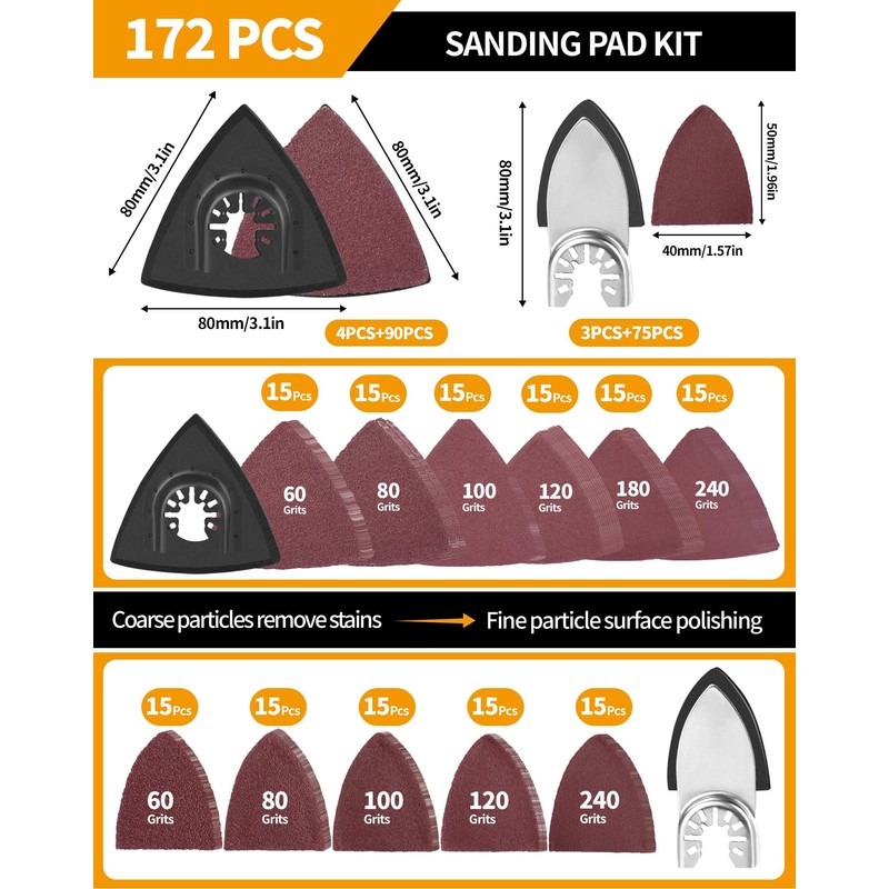 172 Pcs Oscillating Tool Sanding Pad Kit 4 Pcs Triangle