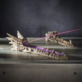 Summit Collection Gifts Dragon Fossil Skull Incense Stick Holder with Purple Faux Crystal Geode Decorative Fantasy Burner Gothic Polyresin Home Decor 2.36" H