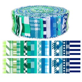 Soimoi 40Pcs Check & Tartan Print Precut Fabrics Strips Roll Up 1.5x42inches Cotton Jelly Rolls for Quilting - Blues & Greens