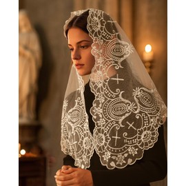 Bozidol Mantilla Triangular Embroidered Rose Cross Veil for Catholic Women, White Color for Church Mass, Religious Ceremonies, and Weddings