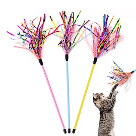 IUHKBH Tinsel Cat Wands, 3 PCS Shiny Teaser Wands Interactive Cat Toy Vibrant Stick for Cat Kitten Having Fun Exerciser Playing